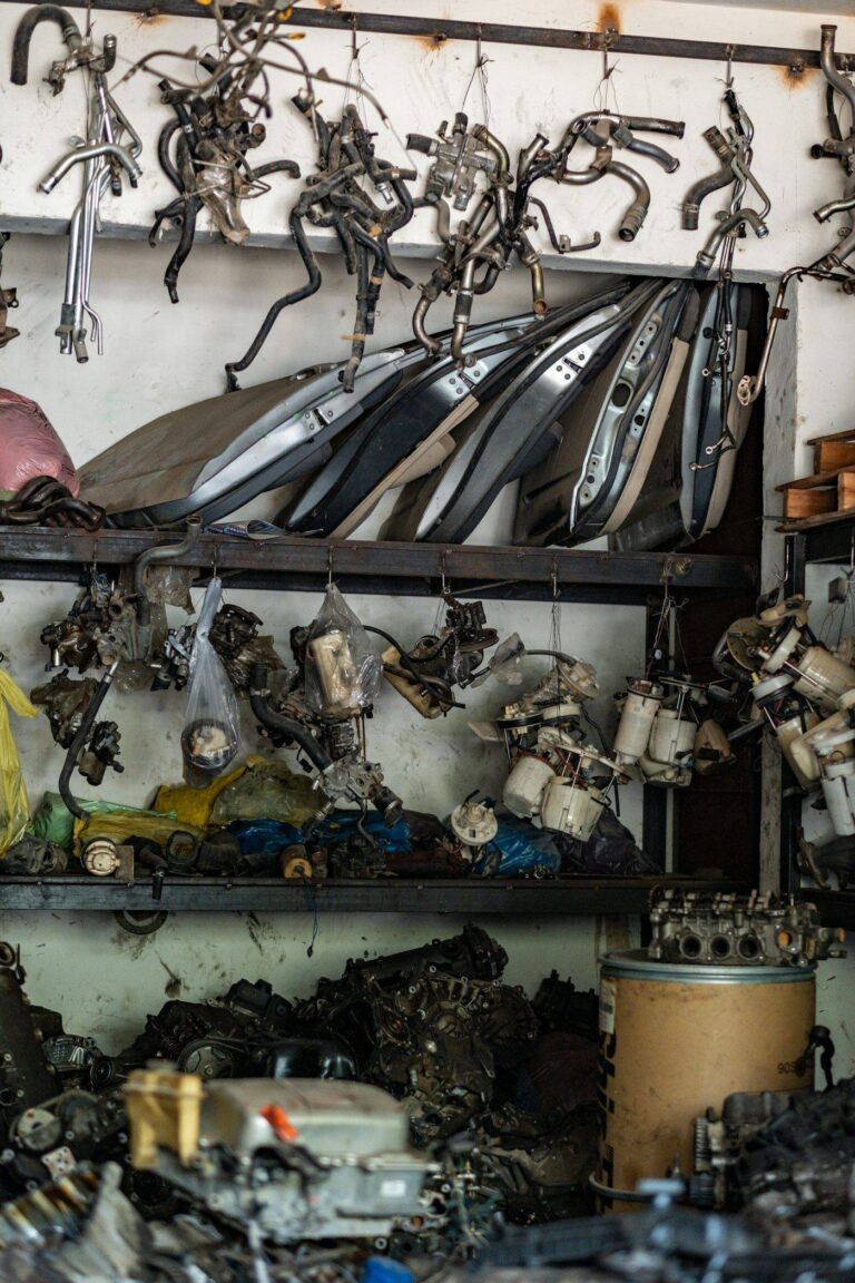 Shelves of vehicle parts in a store room