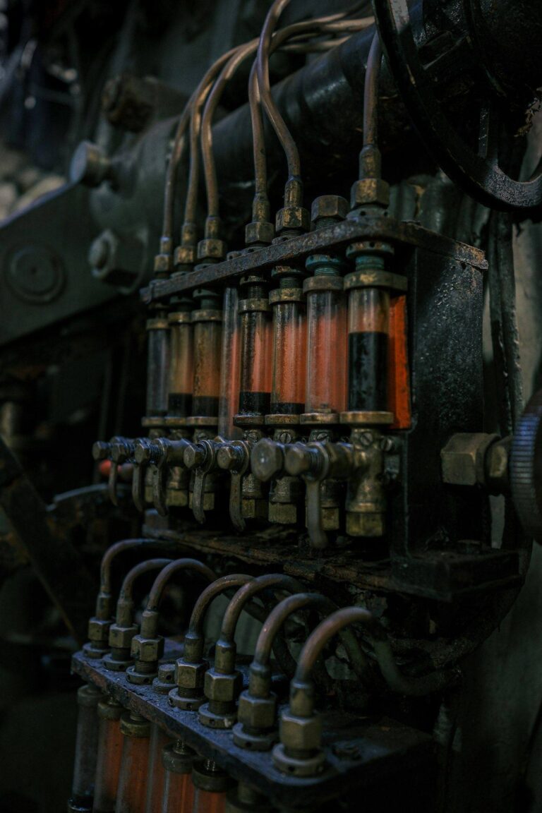 Diesel injection pump on a test bench with calibration tubes