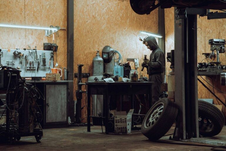 Diesel workshop floor with tools and benches
