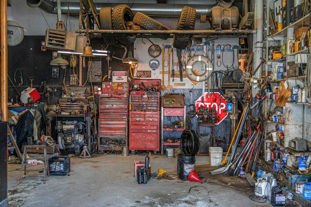 Tools arranged on a workshop wall